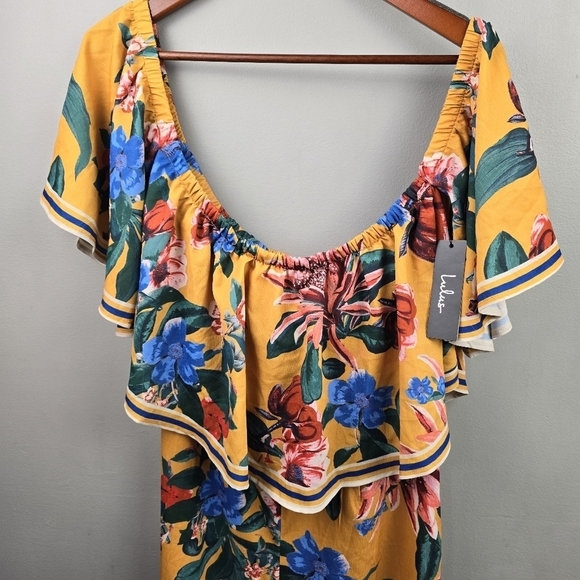 LULUS Honolulu Golden Yellow Floral Print Off-the-Shoulder Jumpsuit Womens Sz L - Picture 7 of 14